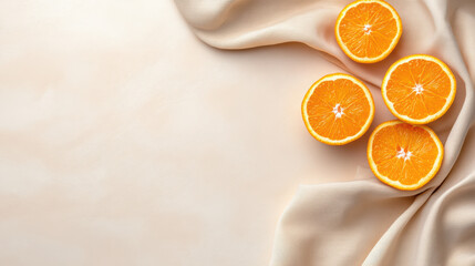 Fresh orange slices on soft fabric background create vibrant and inviting scene