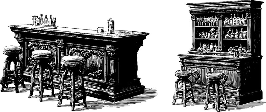 Vintage bar counter engravings for retro design and decor ideas
