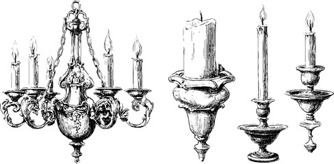 Vintage chandelier and candle holder engravings for antique design projects
