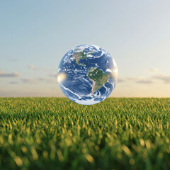Planet Earth globe seemingly floating above a lush green grass field under a bright, hazy sky with soft sunlight. Global ecology concept.
