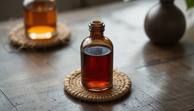 Artisanal elixir in amber glass bottle on woven coaster, rustic charm captured