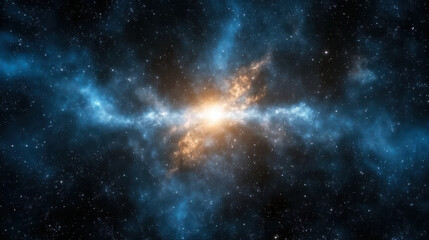 Naklejka premium Stunning cosmic scene featuring bright central explosion surrounded by swirling blue and orange