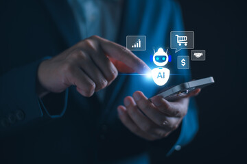 AI technology in business E-commerce concept, Businessman using AI chatbot smart assistant on...