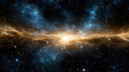 Stunning cosmic scene featuring bright galaxy surrounded by shimmering stars and nebulae