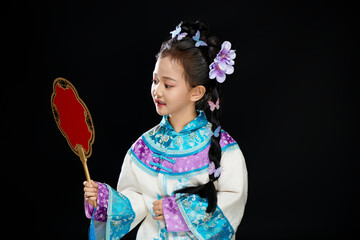 Chinese girl wearing Chinese Ming Dynasty Hanfu on black background