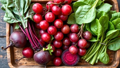 a high quality image of antioxidant rich foods like beets, grapes, and spinach arranged on a wooden tray.