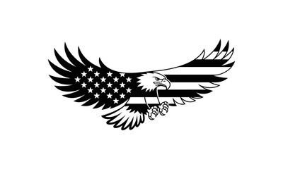 Monochrome Bald Eagle with American Flag Wings Vector Illustration