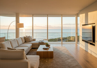 Modern ocean view living room design coastal home interior with large windows and comfortable sectional sofa