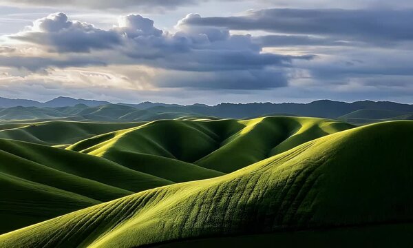Rolling green hills on a sunny day with dramatic clouds casting shadows over a peaceful rural landscape in the golden hour.