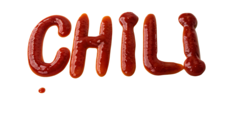 The word "Chili" written with ketchup, isolated PNG transparent background