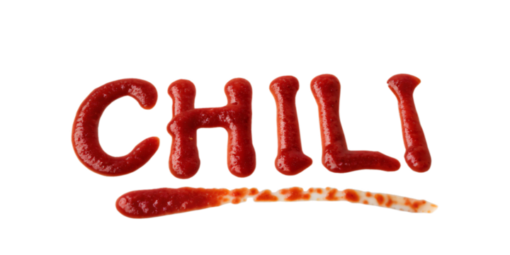 The word "Chili" written with ketchup, isolated PNG transparent background