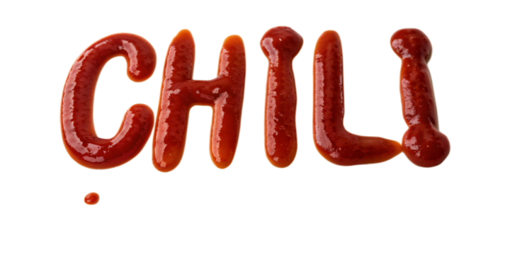 The word "Chili" written with ketchup, isolated PNG transparent background