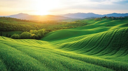 Obraz premium Lush green hills, rolling landscape at sunset. Scenic valley, vibrant colors