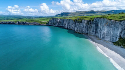 Dramatic coastal cliffs rise over sparkling blue sea, creating breathtaking landscape