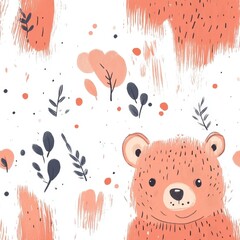 A bear with a big smile on its face is surrounded by leaves and flowers