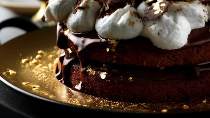 Delicious chocolate cake with whipped cream topping, dark chocolate shavings and gold leaf flakes served on golden plate, dessert concept - Powered by Adobe