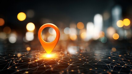 An orange location pin glows over a digital network grid, with city lights blurred in the background.