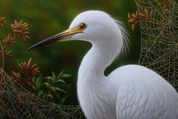 Fototapeta premium A closeup of a white heron its feathers detailed set against blurred greenery and dewcovered spiderwebs