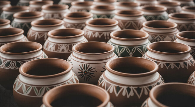 Traditional handcrafted clay pots arranged in clustered display  