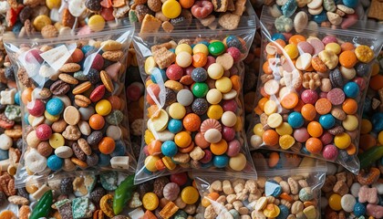 Assorted candies and snack mix in plastic bags for holiday treats and sharing
