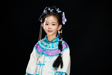 Chinese girl wearing Chinese Ming Dynasty Hanfu on black background