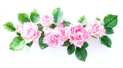 Fototapeta premium Pink roses with green leaves in watercolor style, symbolizing natural beauty and delicate elegance. 