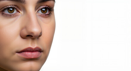 Frontal close-up of young woman’s face with neutral expression, dermatological reference for skincare ads, medical visuals, beauty blog content, health awareness campaigns and cosmetic consultations


