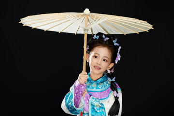 Chinese girl wearing Chinese Ming Dynasty Hanfu on black background