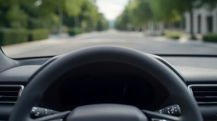 Fototapeta premium A digital car dashboard view from behind the steering wheel, parked on a tree-lined street in daylight.