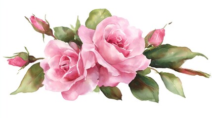Fototapeta premium Pink roses with green leaves in watercolor style, symbolizing natural beauty and delicate elegance. 