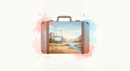 Illustrated suitcase with landscape and sunset scene inside  