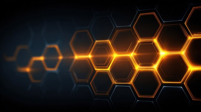 A glowing pattern of orange hexagons connected on a dark background, creating a futuristic, digital network effect.