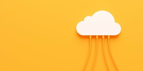White cloud symbol with yellow cables connecting to it over yellow background, cloud storage, connection or internet concept