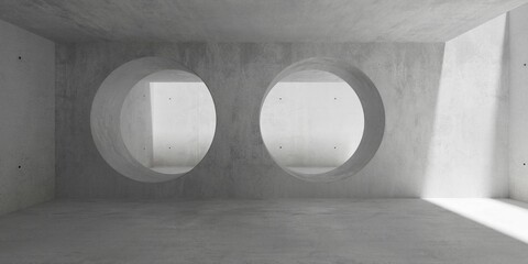 Abstract empty, modern concrete room with divider wall with circular openings and rough floor - industrial interior background template