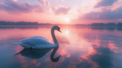 Fototapeta premium Serene swan at sunrise over tranquil lake