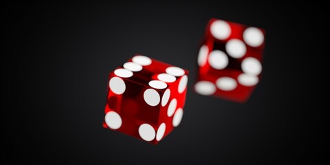 Two red casino dice with white dots floating over black background with selective focus, gambling or luck concept