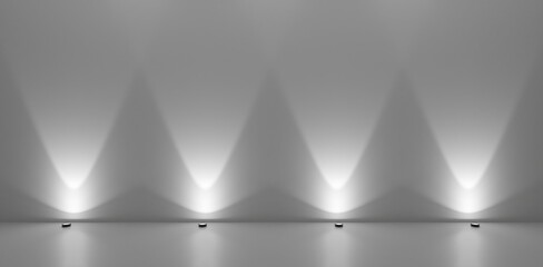 Series of spotlights from the floor in white room against wall, empty room background template
