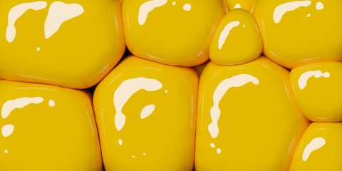 Abstract modern shiny reflective yellow bubbles, balloons or pebbles geometry background wallpaper banner, flat lay top view