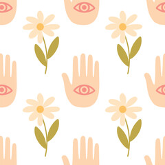 Seamless Pattern with Eyes in Hands and Daisies