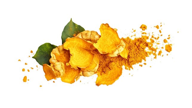 Fresh Sliced Turmeric Roots and Vibrant Yellow Powder Pile with Green Leaves on White