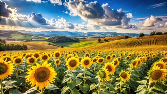Image of a field in Umbria with sunflowers growing tall and swaying gently in the breeze, surrounded by rolling hills and a clear blue sky with white clouds , campagna, natura