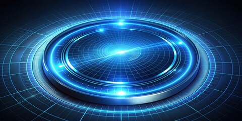 A futuristic blue glow circle radar scanner on a sleek metallic background, emitting a pulsing light that illuminates the surrounding space, metallic, sci-fi