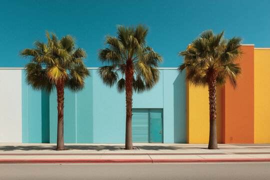 Three palm trees are lined up in front of a colorful building. The building has a blue door and is painted in a variety of colors. The scene is bright and cheerful