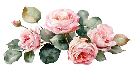 Naklejka premium Pink roses with green leaves in watercolor style, symbolizing natural beauty and delicate elegance. 