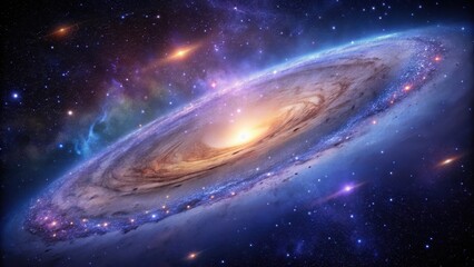 A serene Andromeda Galaxy glowing with soft purple and blue hues against a dark starry night sky