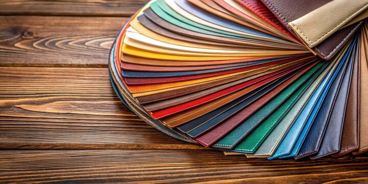Colorful leather fan catalog with various swatches for customization on a wooden desk , leather, fan,  leather, fan, desk