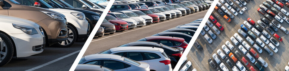 Set of pictures with a lot of cars. Car sales banner
