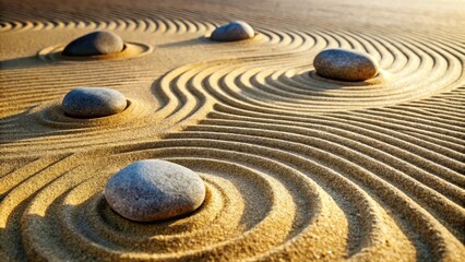 Tranquil Zen garden with sand ripples and rocks, peaceful atmosphere
