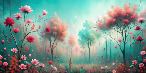Serene forest scene with abstract flowers in shades of pink and red against a tranquil turquoise background, flowers