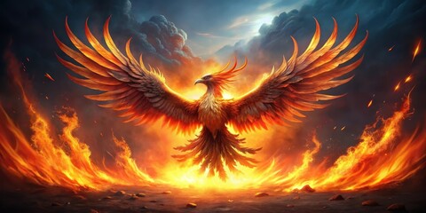 Majestic bird rising from fiery ashes in a dramatic display of rebirth and renewal